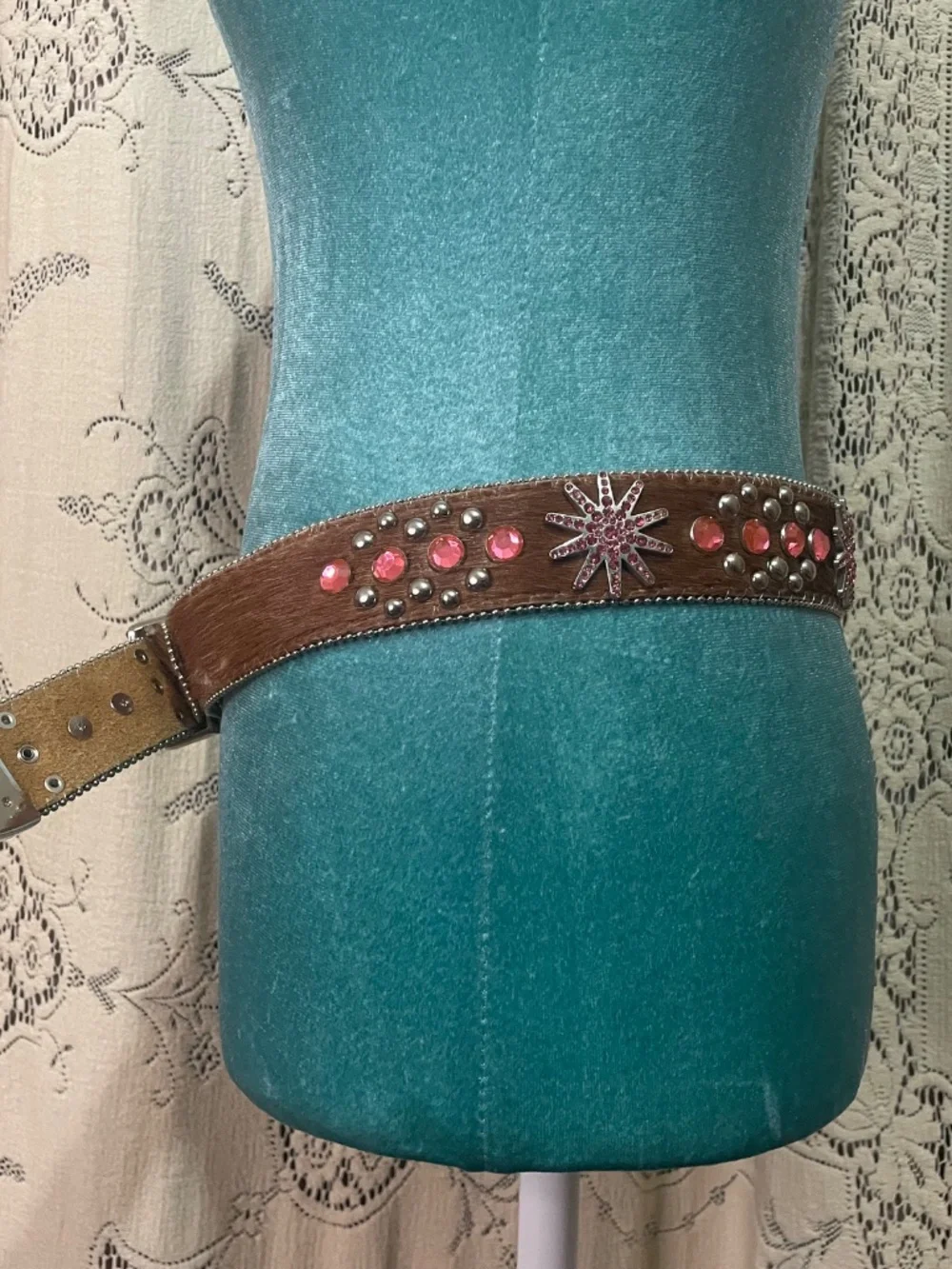 WB Atlas: Western-style belt featuring brown hair-on leather and pink crystals